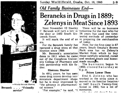 Newspaper article scan: Old Family Businesses End - Beraneks in Drugs in 1889; Zelenys in Meat since 1893